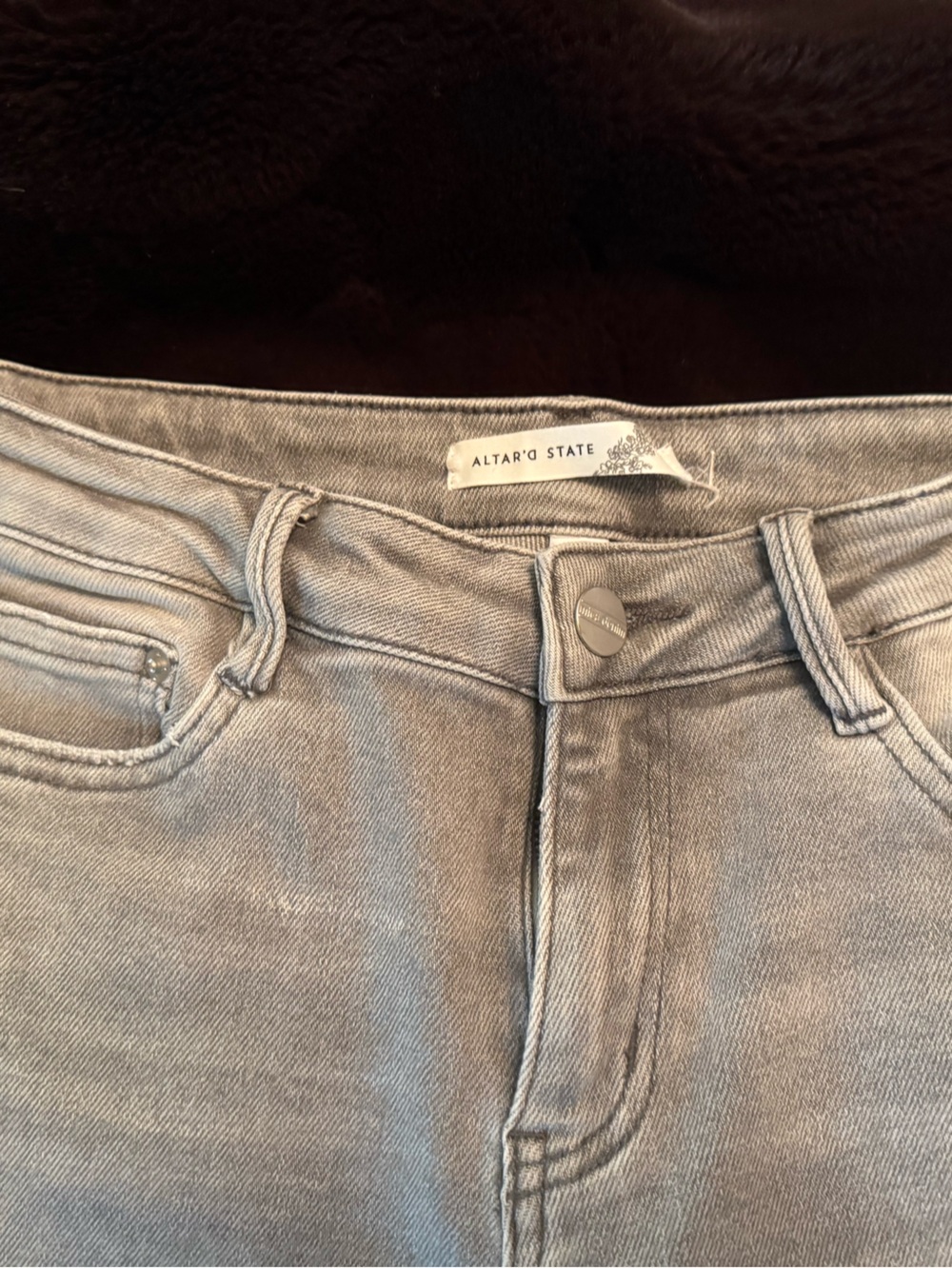 Altar'd State Mica Denim Light Gray High-Rise Flare Jeans